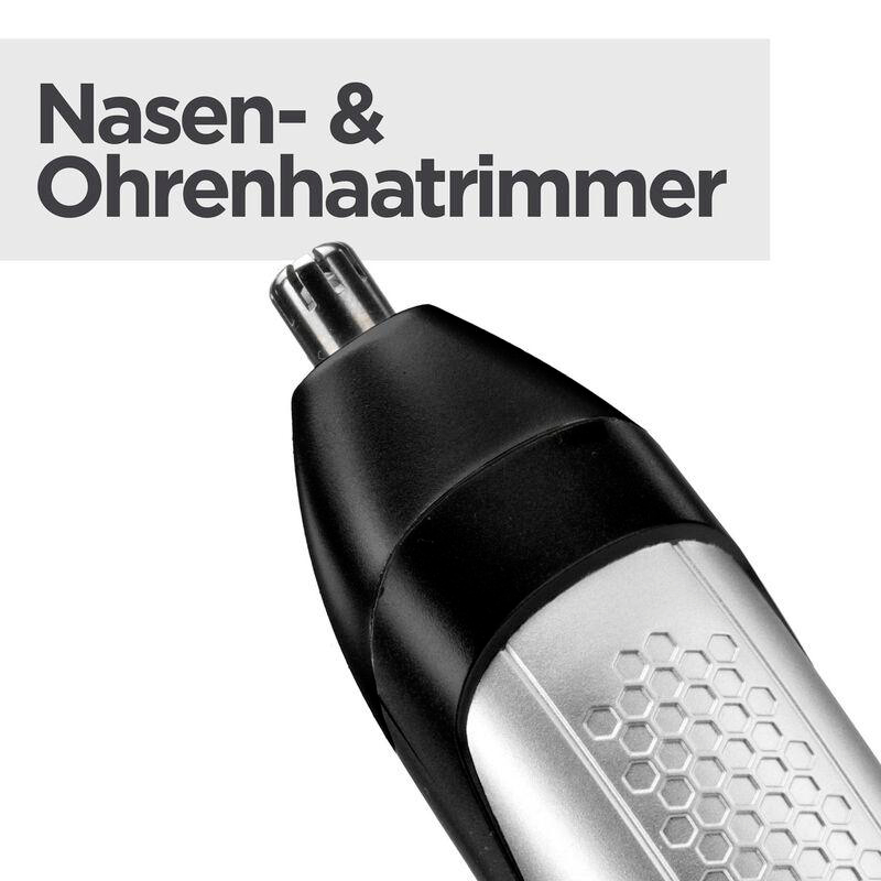 Nahaufnahme eines silber-schwarzen Nasen- und Ohrenhaartrimmers.