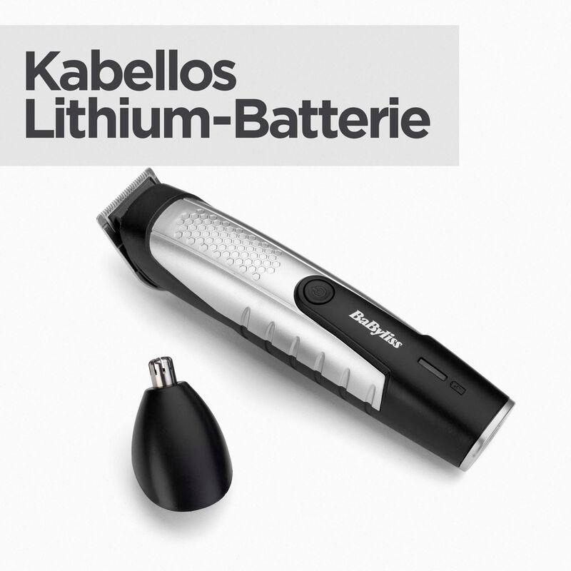 Ein schwarzer und silberner Haarschneider und ein schwarzer Kopfaufsatz. Text: Kabellos Lithium-Batterie.