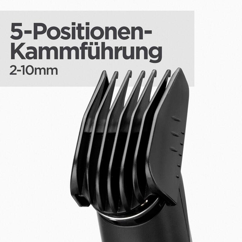 Haarschneiderführung. Text: 5-Positionen-Kammführung, 2-10mm.