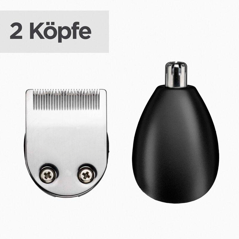 Zwei Rasierköpfe, Metall und Schwarz, mit dem Text '2 Köpfe'.