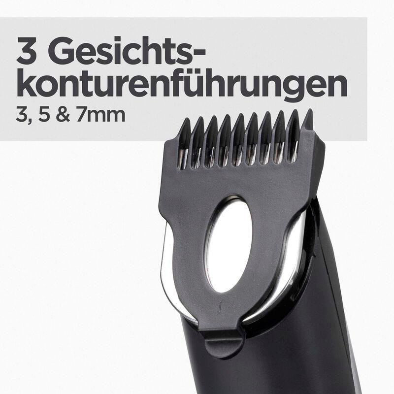 Schwarzer Haarschneiderkopf mit weißem Text.