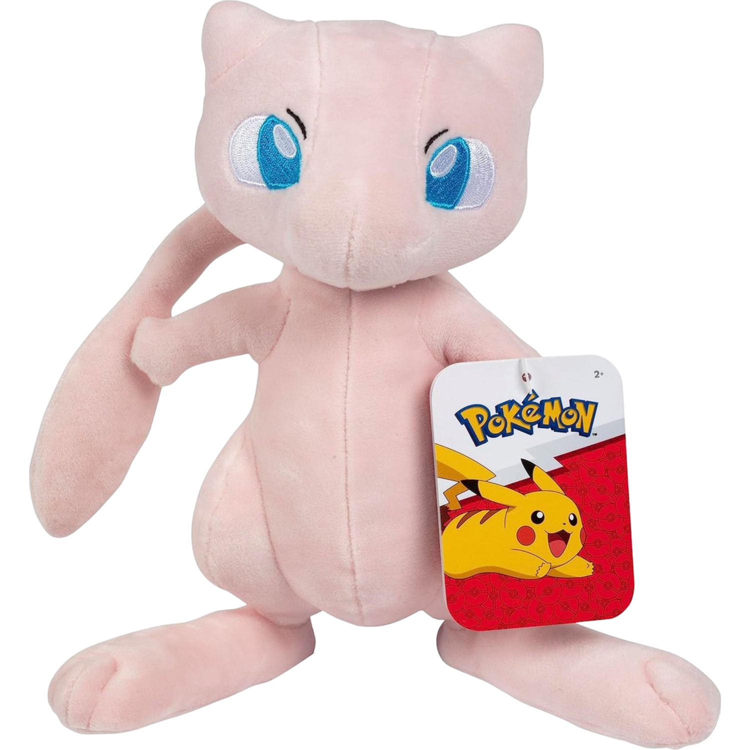 Een roze Mew knuffel met blauwe ogen en een Pokemon label. Het staat tegen een zwarte achtergrond.