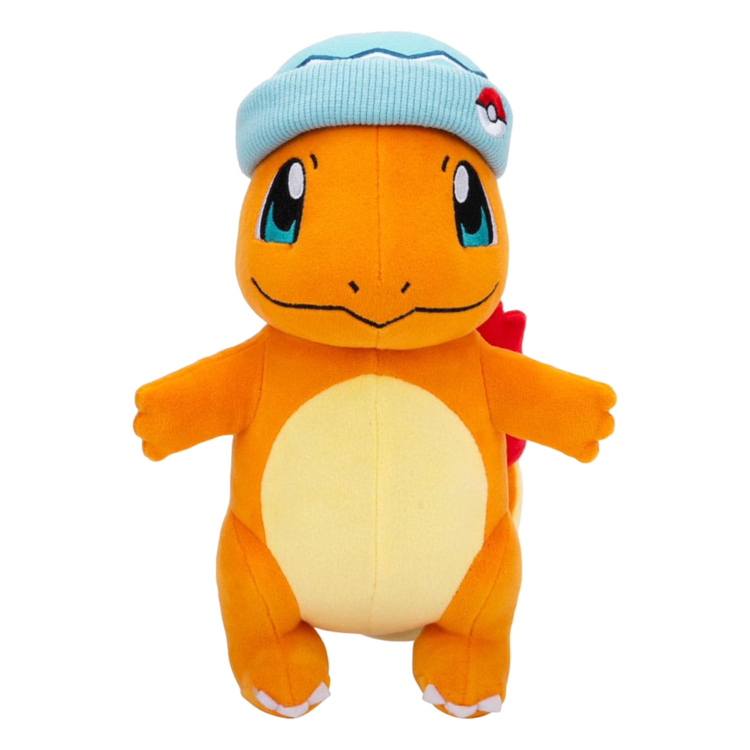 Charmander knuffel met een blauwe hoed met een Pokeball logo.