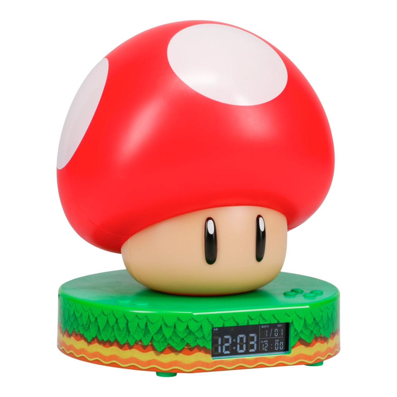 Super Mario mushroom alarm clock on a green base.