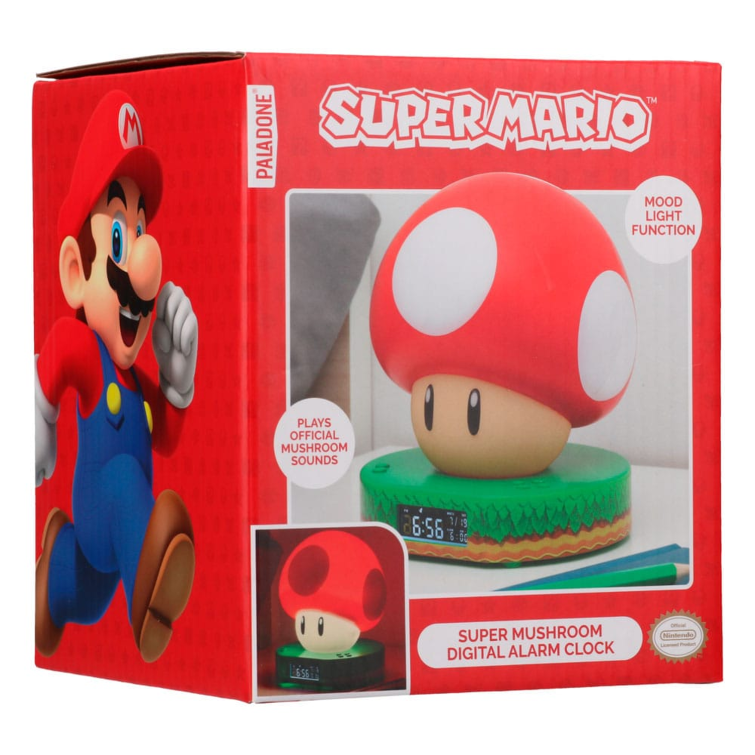 Super Mario mushroom alarm clock in a box, with Mario illustration.