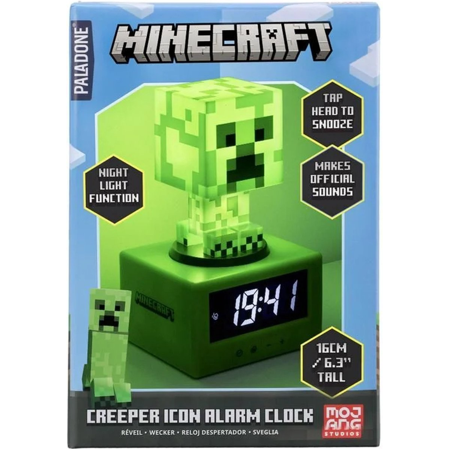 Minecraft Creeper icon alarm clock, green, with display and text on the box.