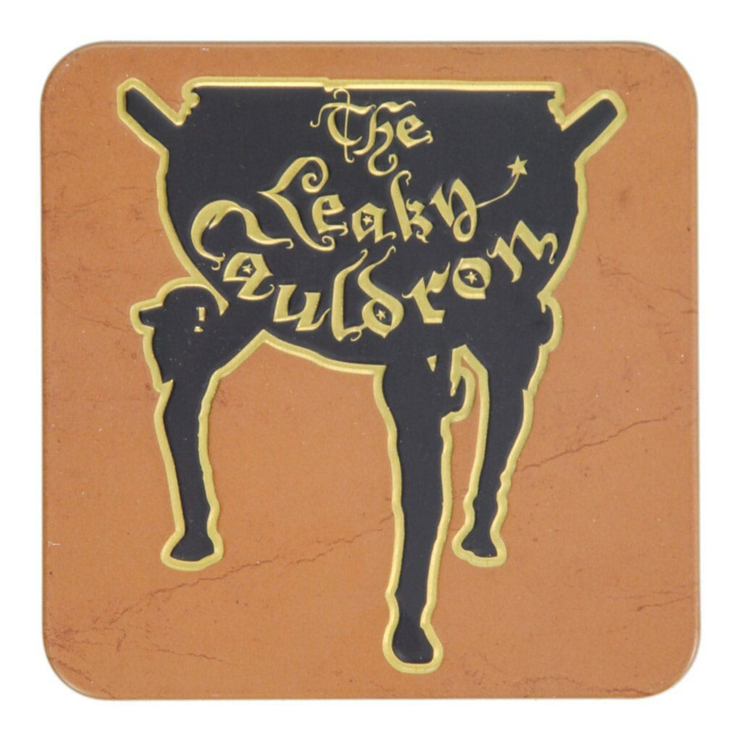 Square coaster with 'The Leaky Cauldron' design in gold and black, brown background.