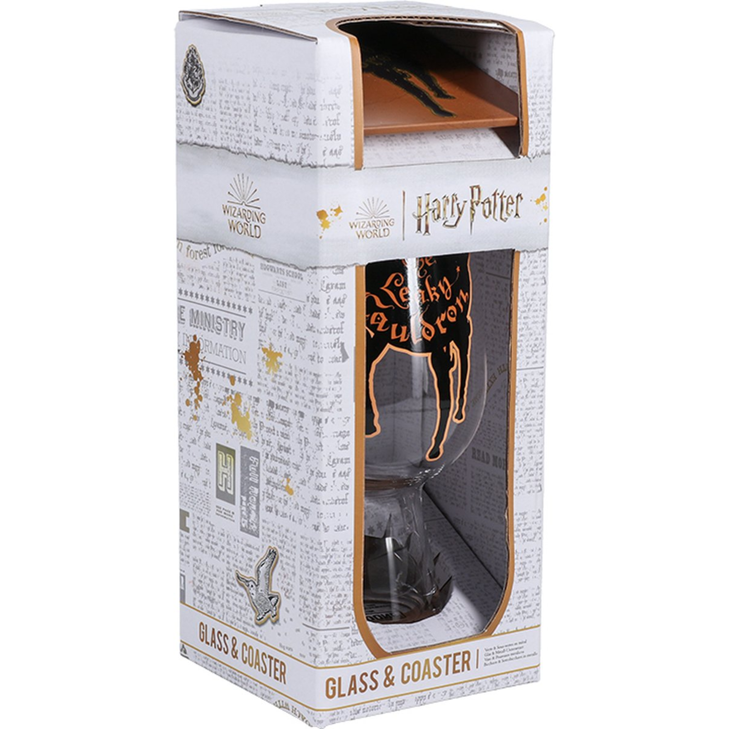 A Harry Potter themed gift box with a glass and coaster inside, against a white background.