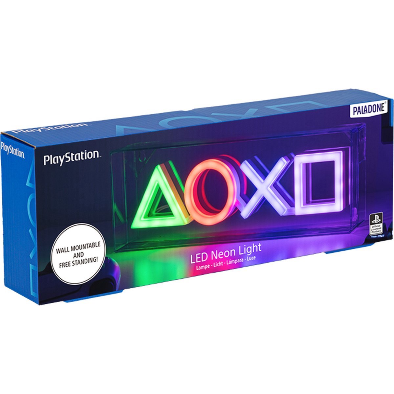 PlayStation LED neon light in a box, with PlayStation logos and color buttons.