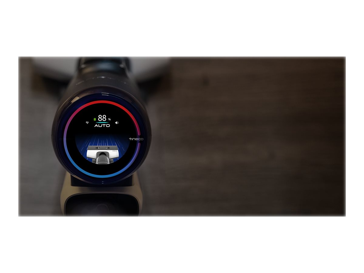 Nahaufnahme des Digitaldisplays eines Staubsaugers, das Akku und Automatikmodus anzeigt. Schwarz und Grau.