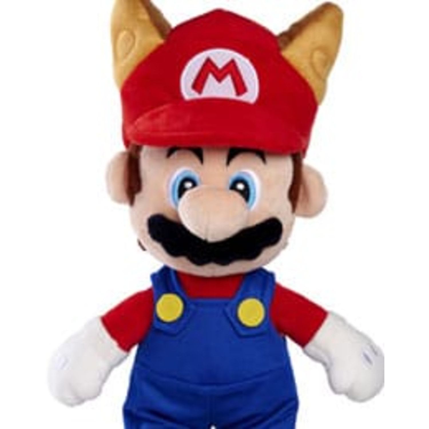 Mario plush toy wearing a red hat with ears. Blue overalls, mustache, and a white background.