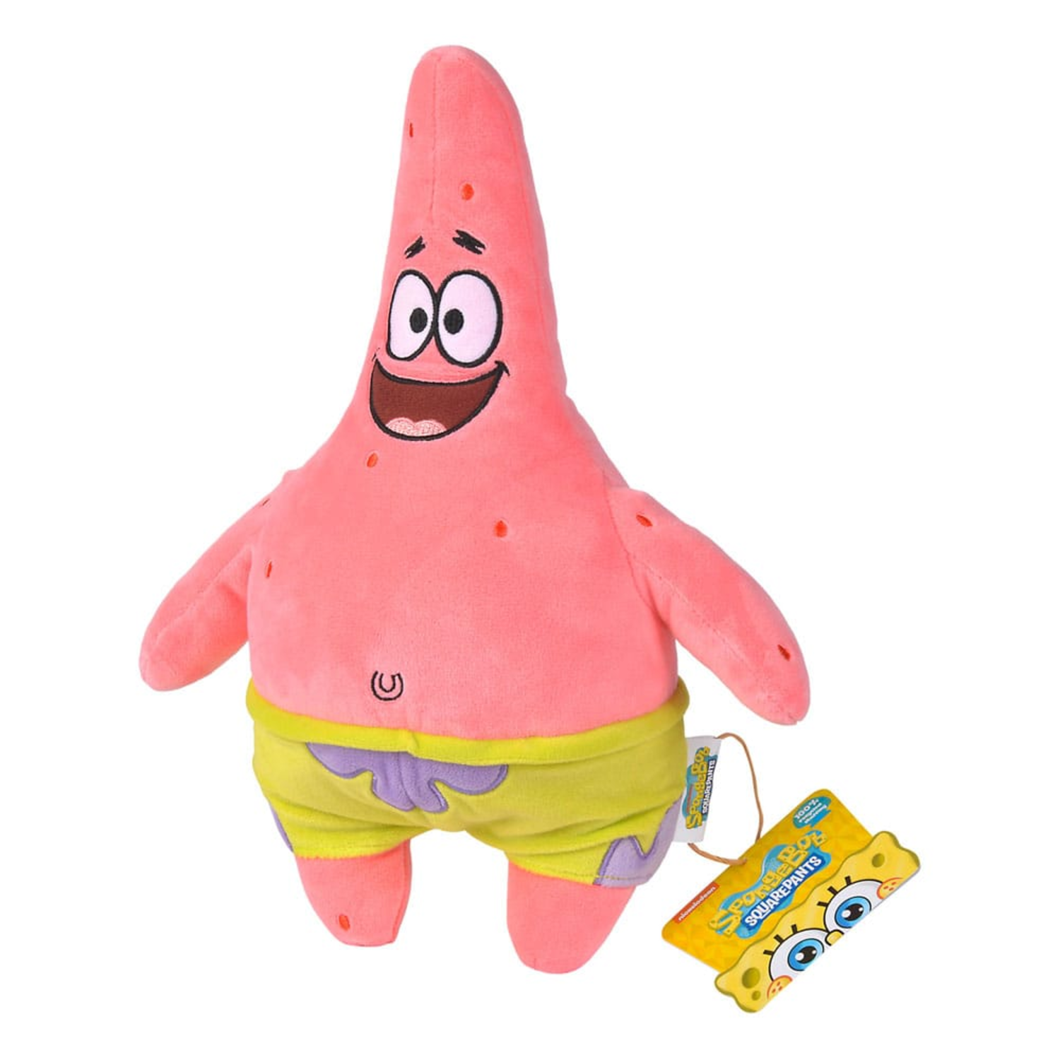 Patrick Star plush toy in yellow shorts, smiling, and waving his arms.