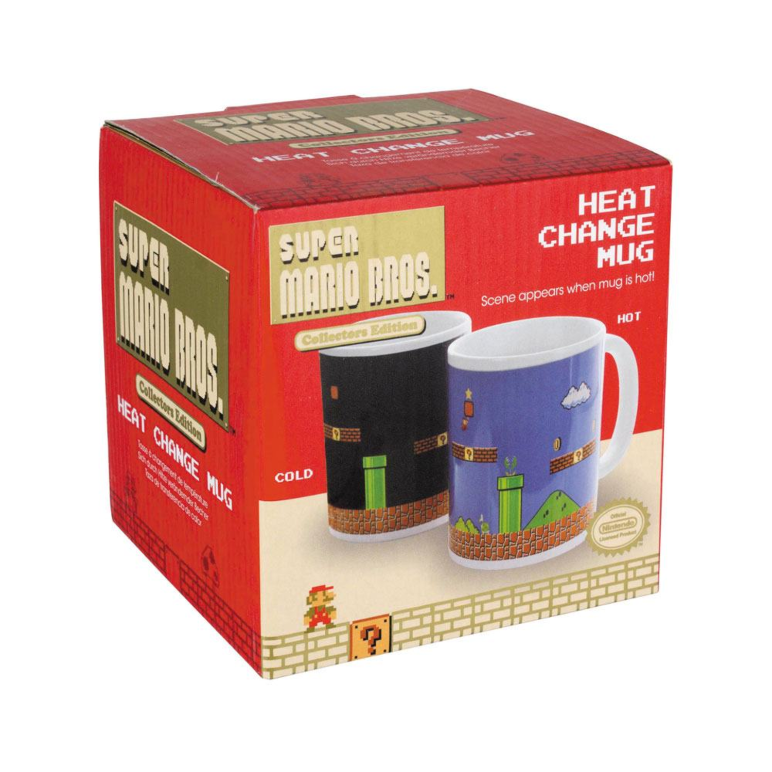 A Super Mario heat change mug in a red box with the mug design visible.