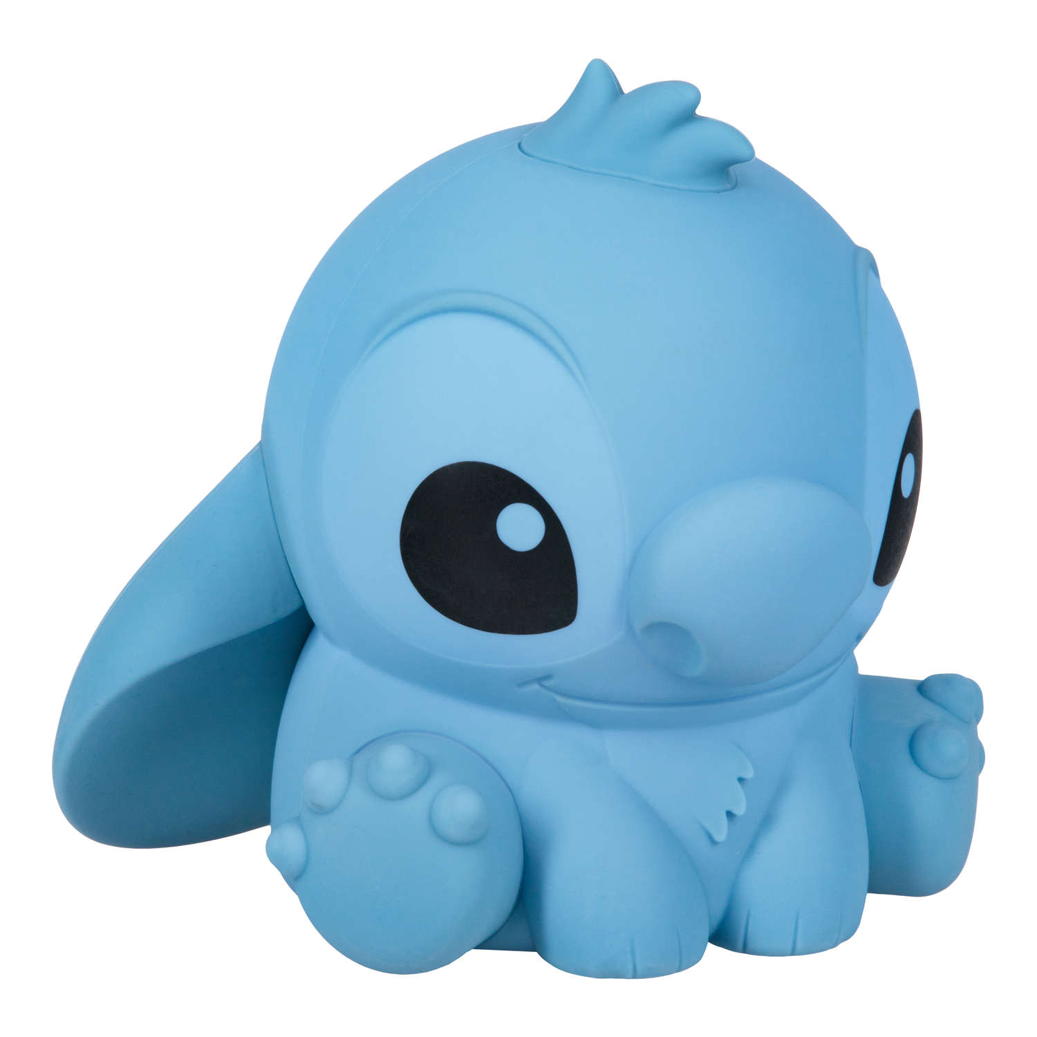 A blue Stitch figurine sitting down with large ears and black eyes.