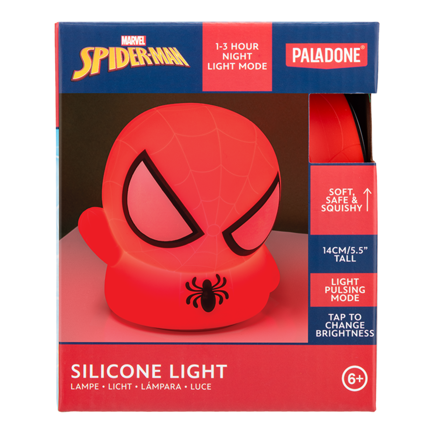 Red Spider-Man lamp in box. Black background.