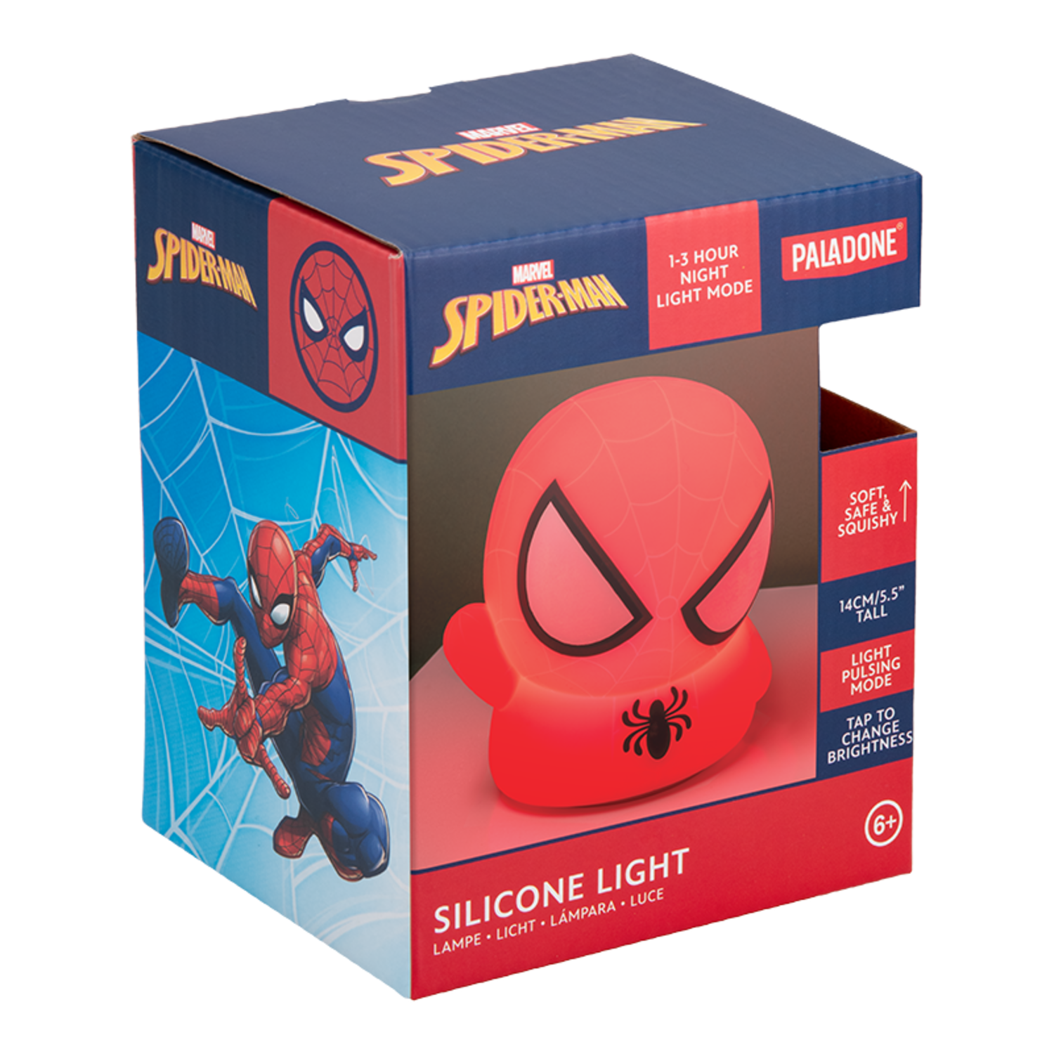 Spider-Man silicone light in a box, with a Spider-Man illustration and text.