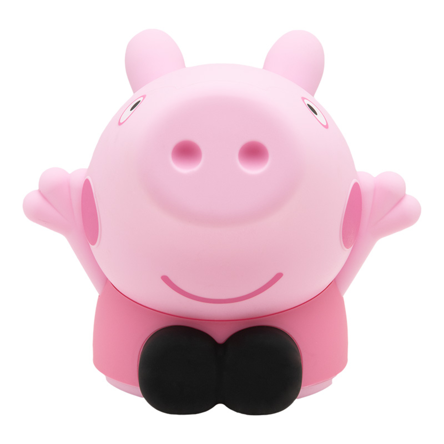 Pink Peppa Pig toy with arms open, black bow tie.