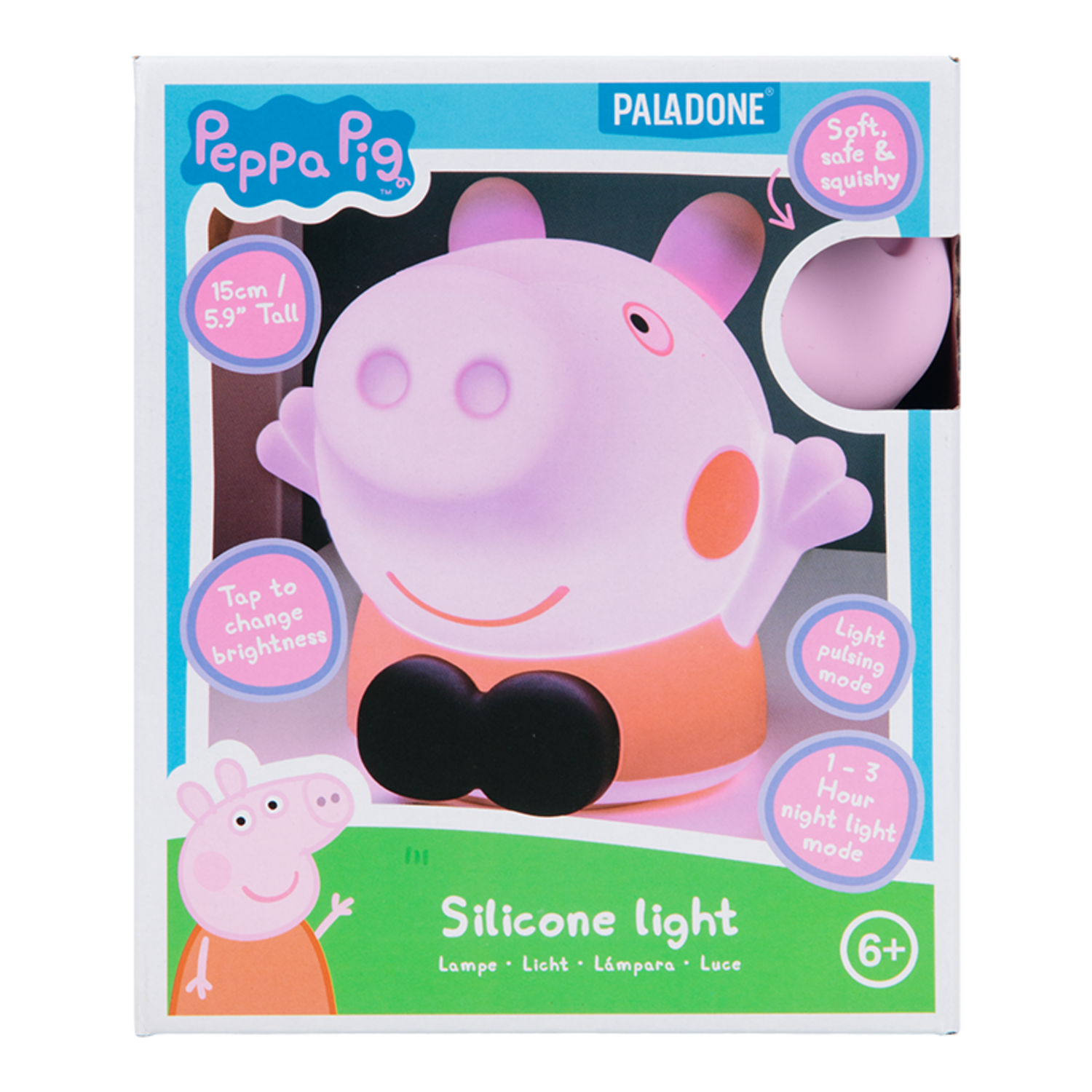 A Peppa Pig night light in a box. The light is pink and orange, with text and illustrations.