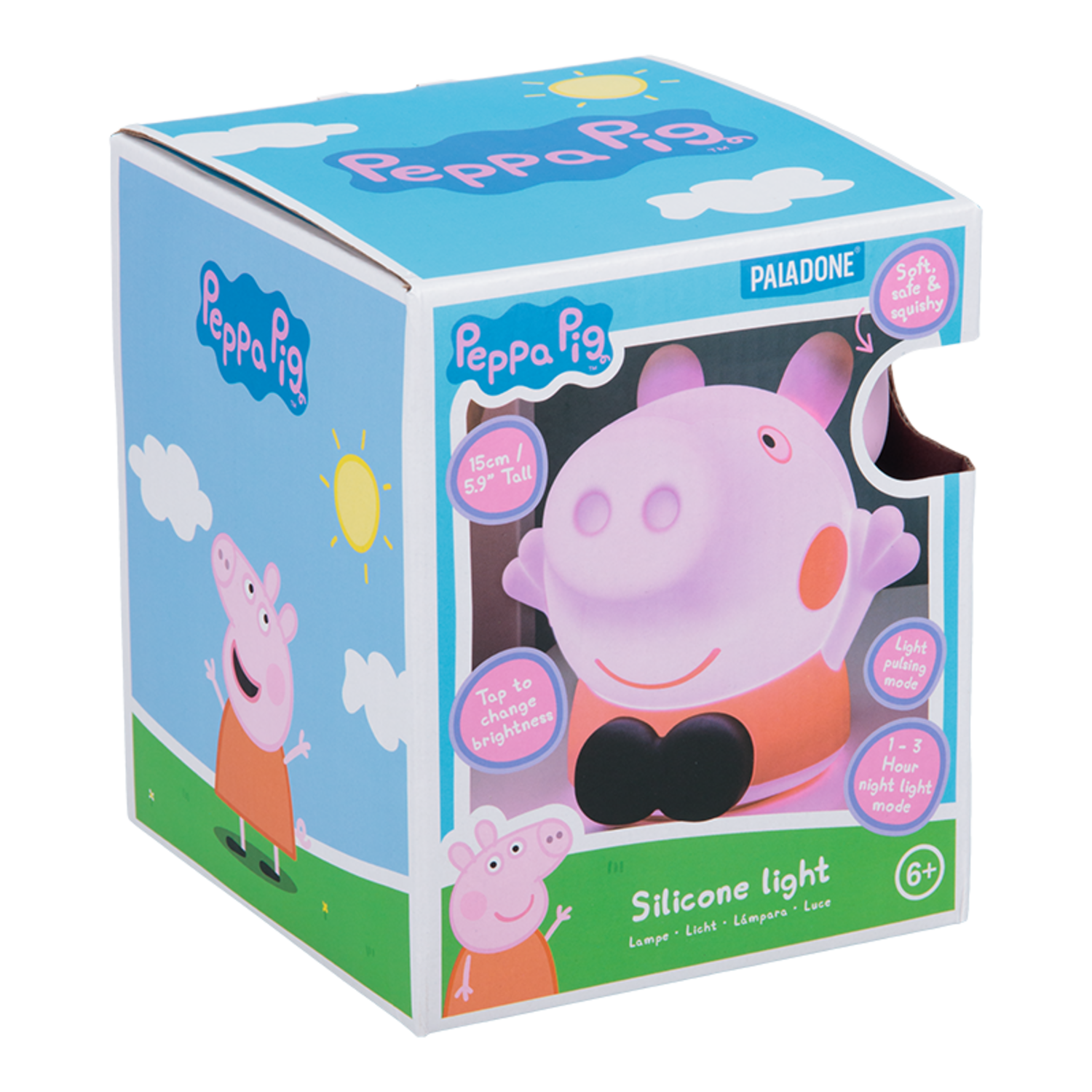 Boxed Peppa Pig night light, pink pig figure, blue sky background with sun.