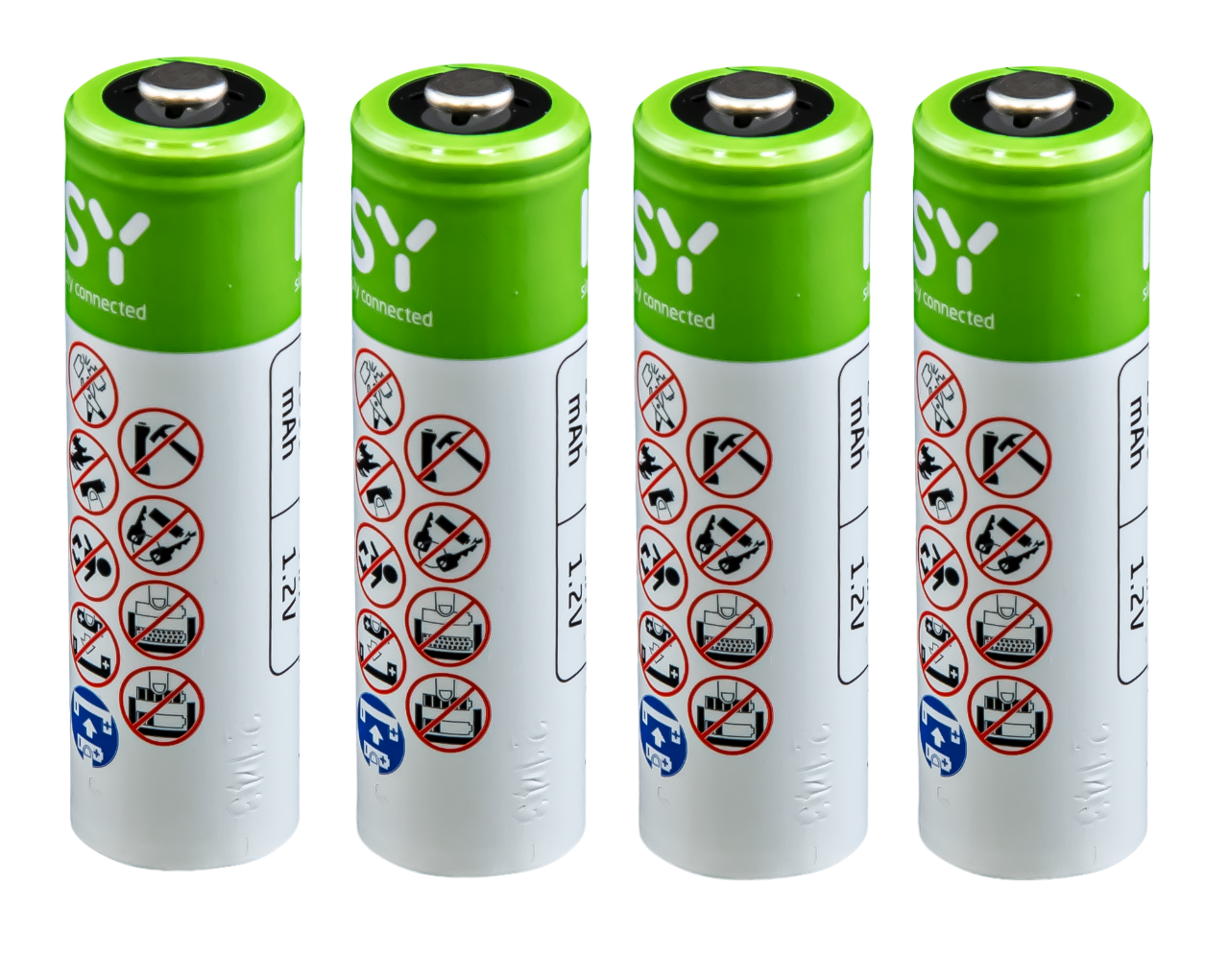 Vier grüne und weiße Batterien. Jede hat einen silbernen Deckel und schwarze Symbole.