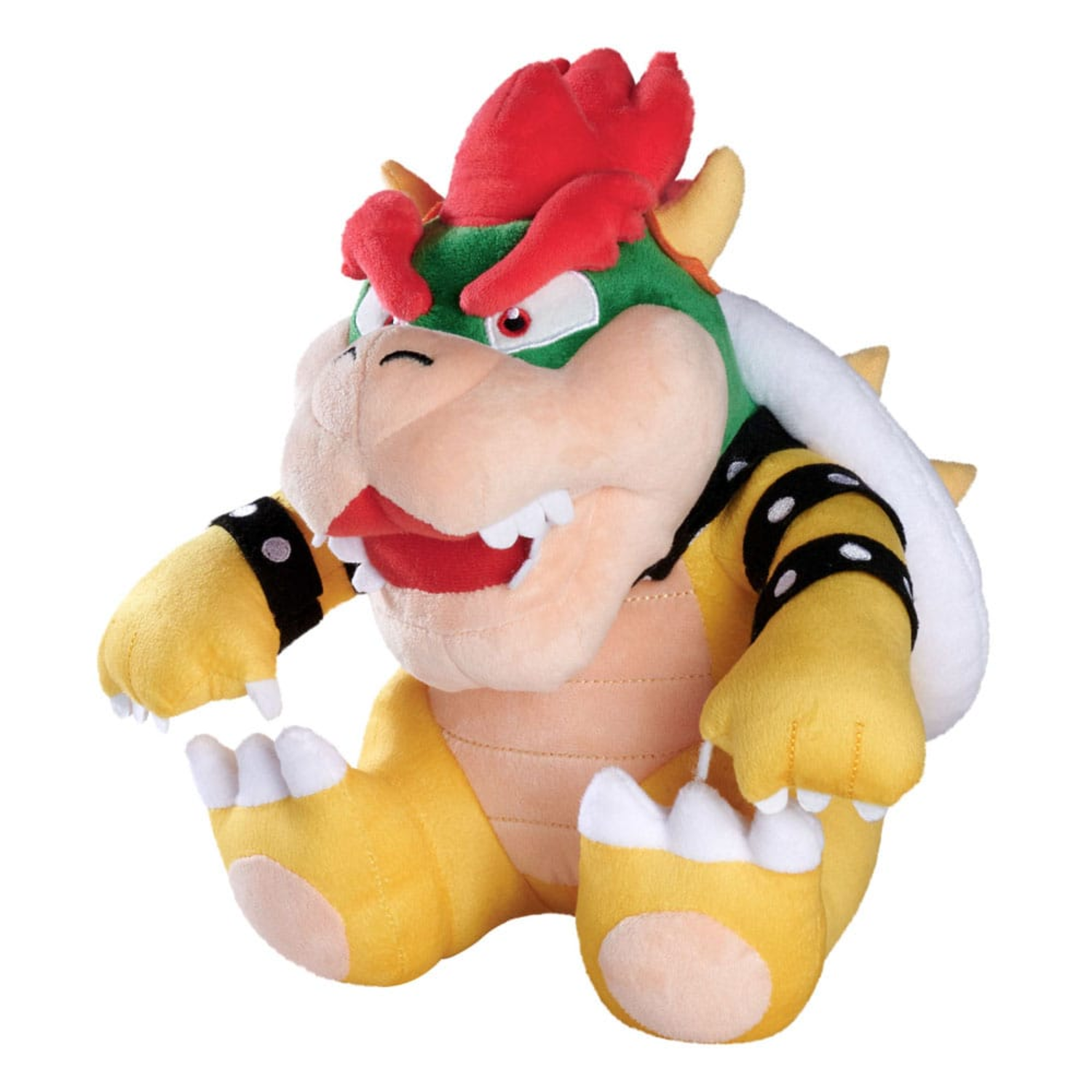Plush Bowser toy. Yellow body, green shell, red hair, white teeth, black armbands, white background.