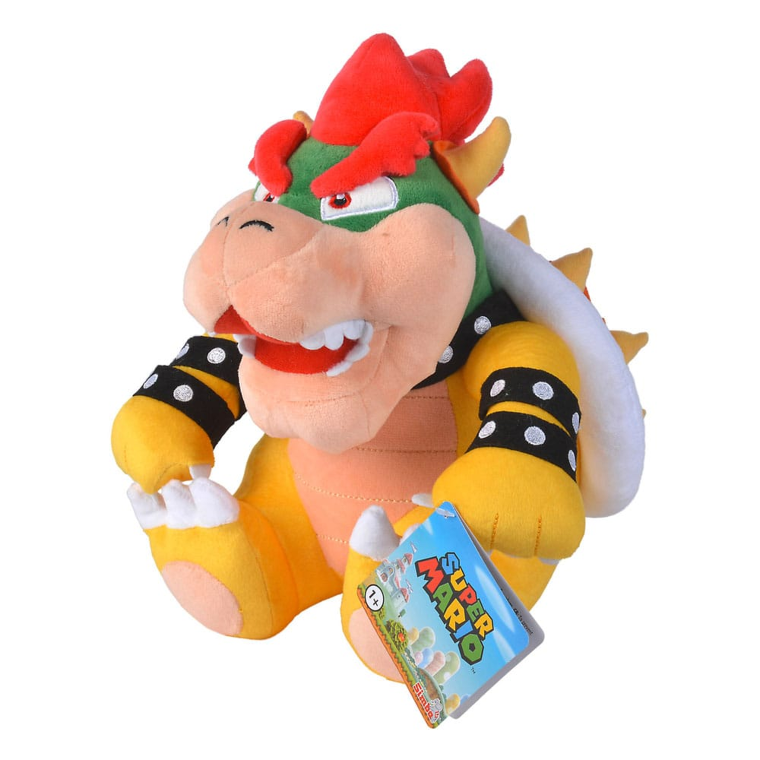 A Bowser plush toy with a Super Mario tag.
