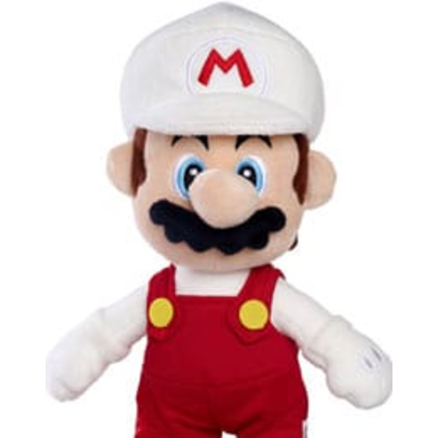 A close-up of a Mario plush toy wearing a white hat with a red 'M'.