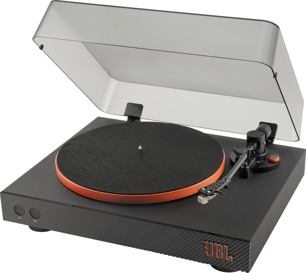 Une platine avec une surface noire, des accents orange et un couvercle transparent. Logo JBL visible.