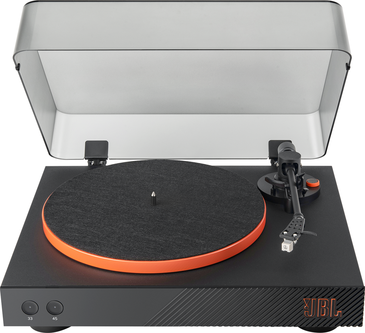 Platine noire avec bord orange, couvercle ouvert, sur une surface noire.