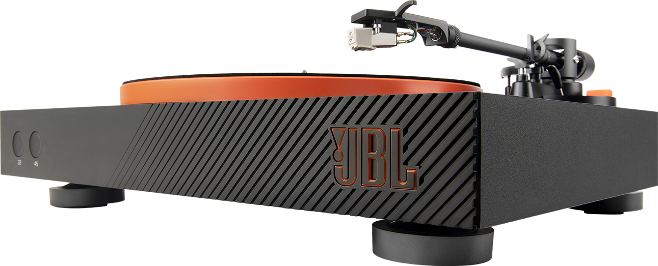Platine vinyle JBL noire avec centre orange et bras de lecture.