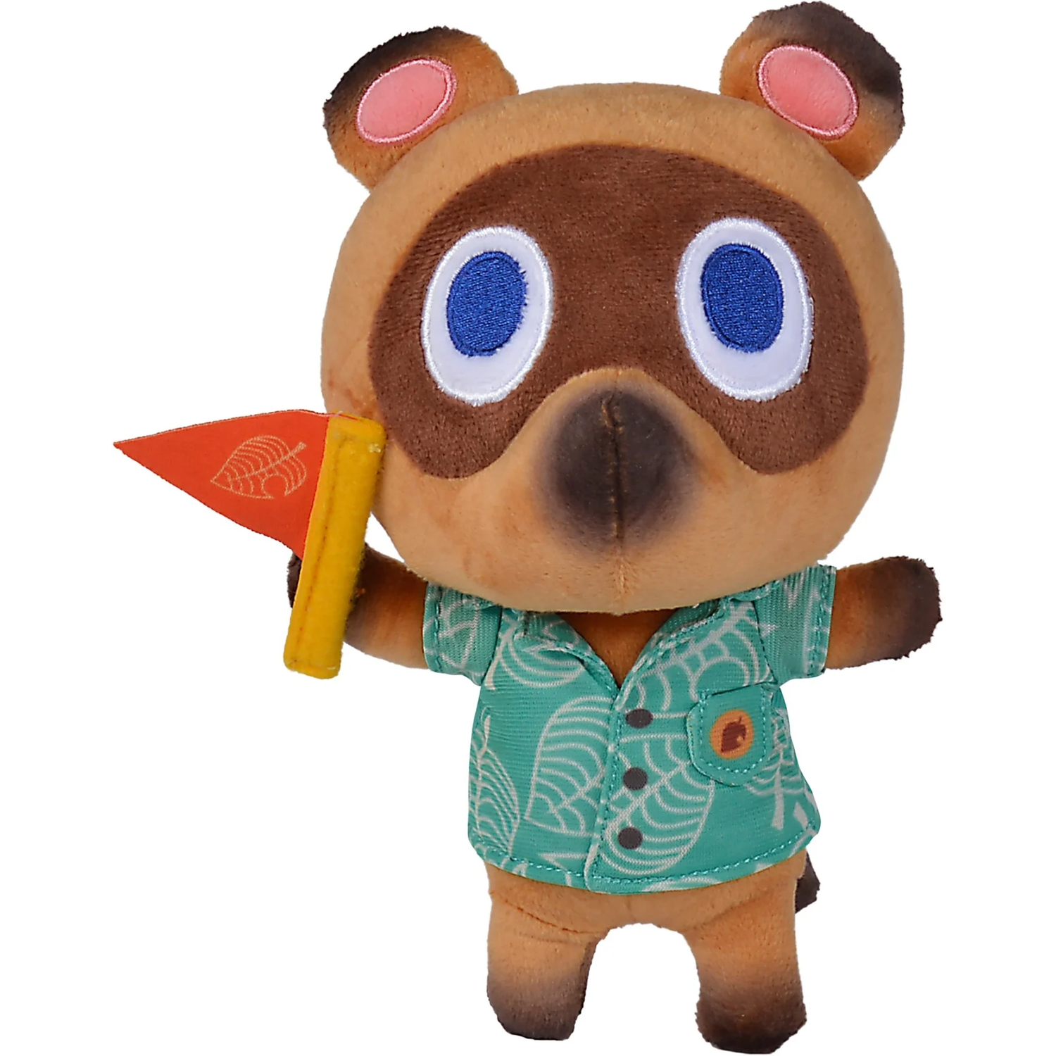 A plush toy of a cartoon character, holding a flag. It is a tan bear-like figure.