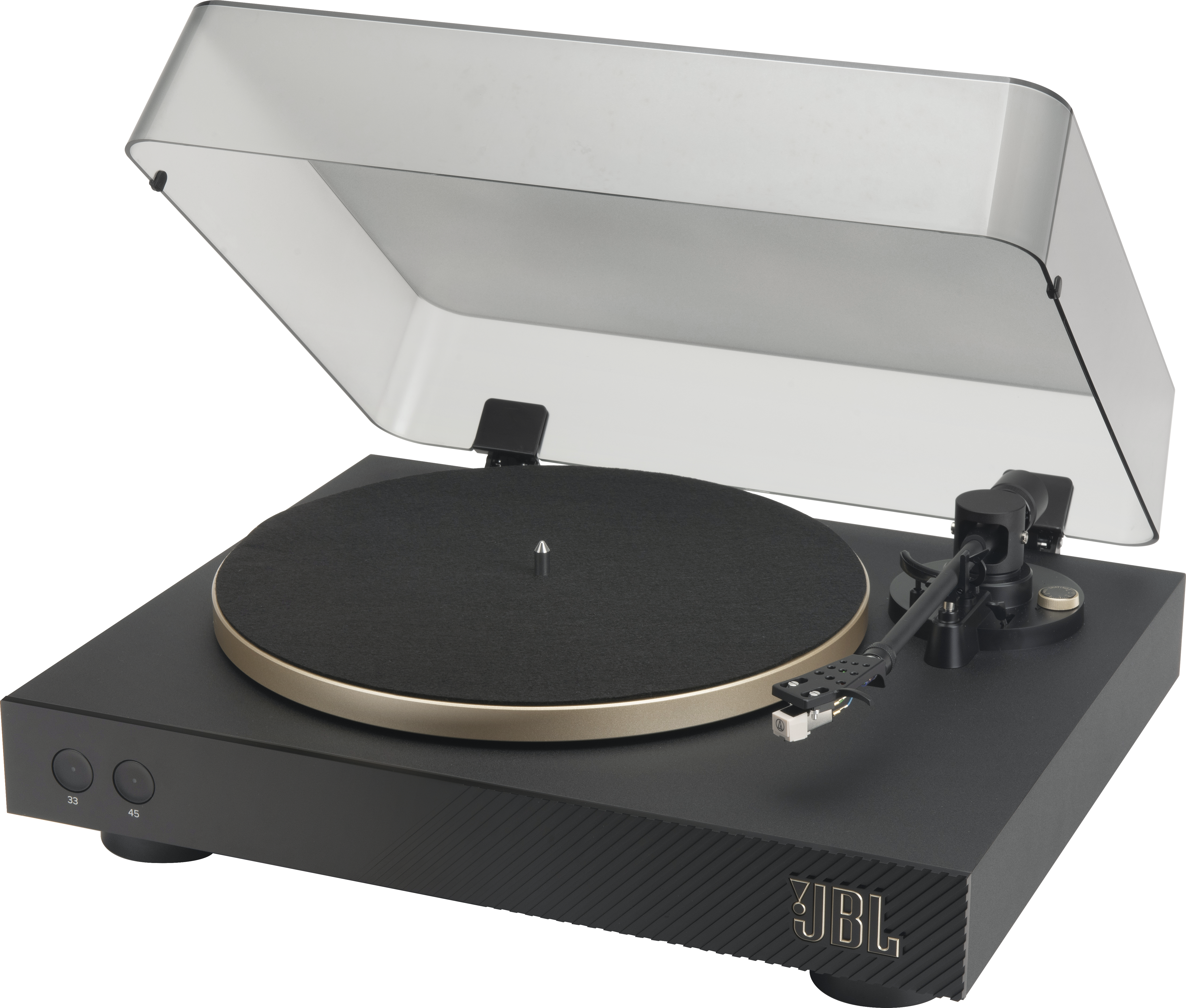 Platine vinyle JBL noire avec couvercle transparent. Plateau doré, base noire avec logo JBL.