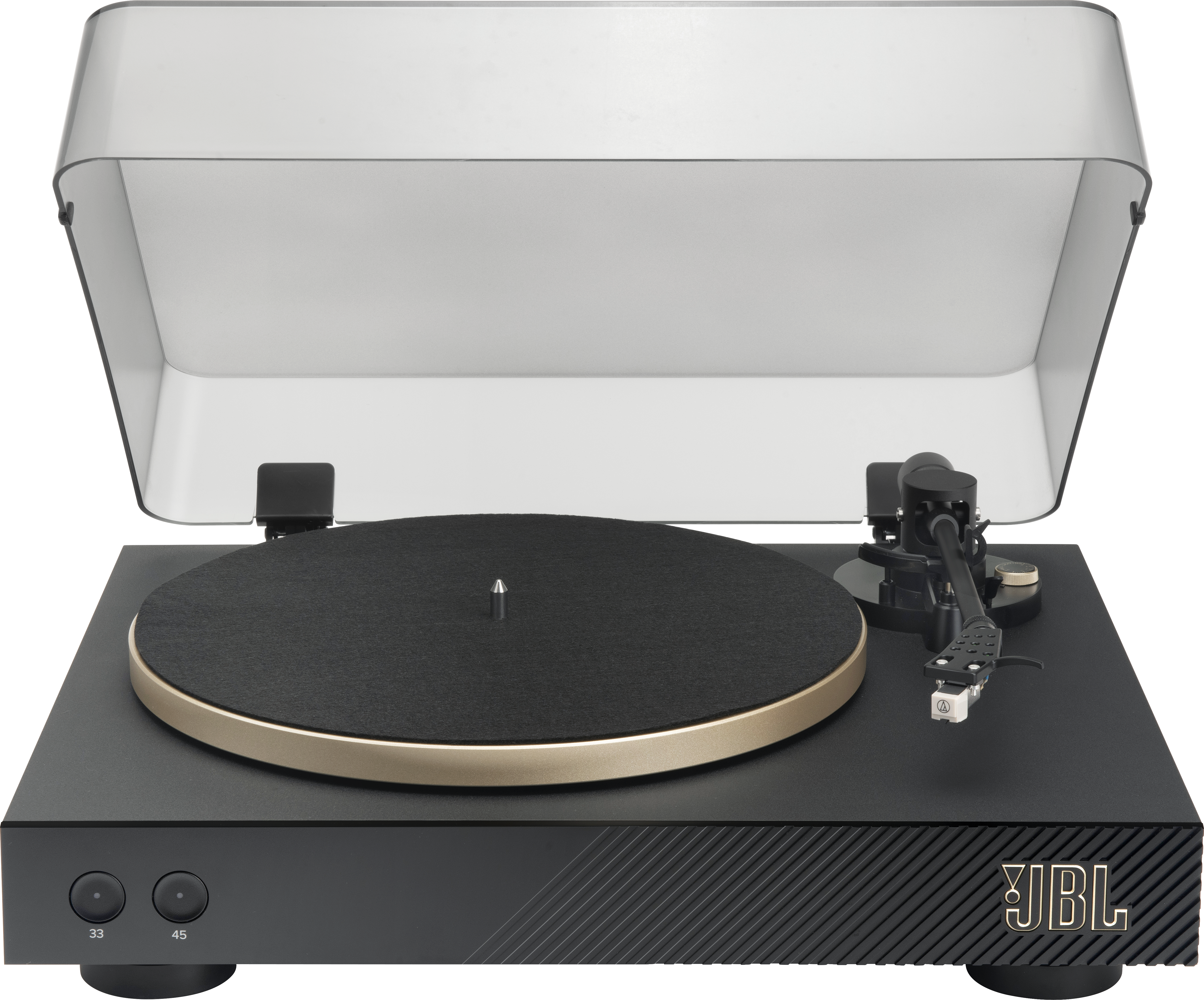 Platine vinyle JBL noire avec base noire, bord doré et couvercle transparent. Logo JBL visible.