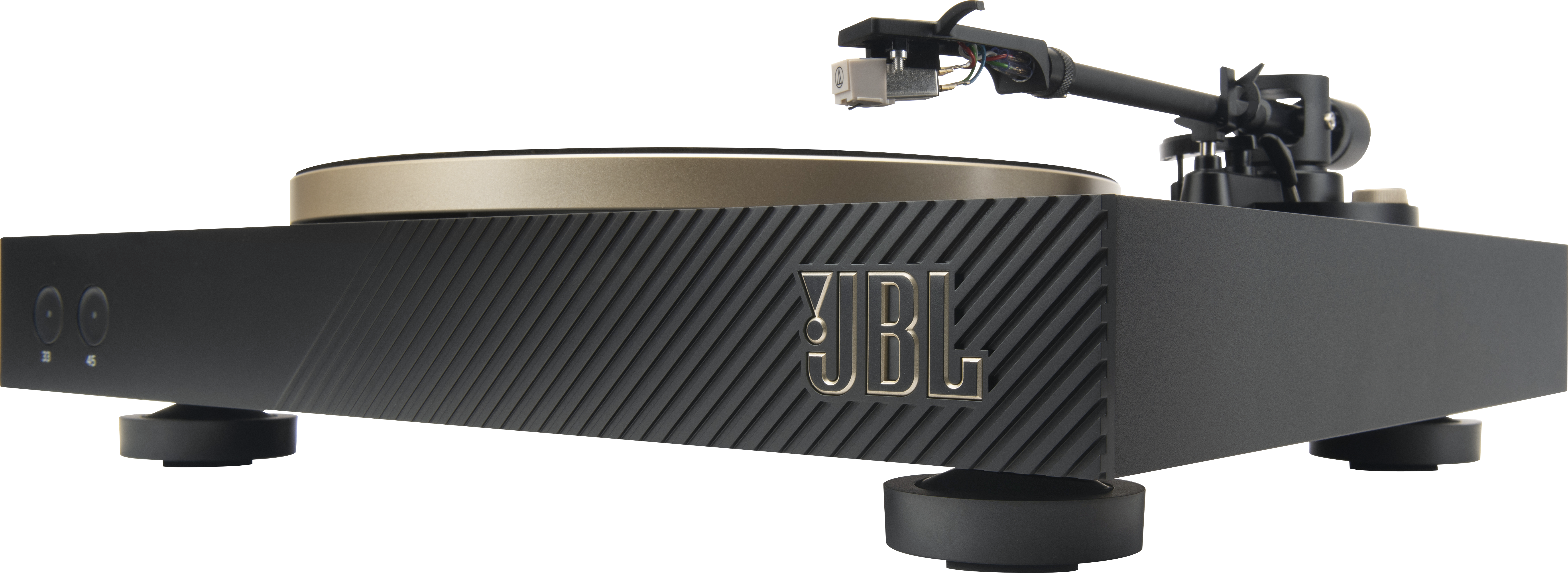 Platine vinyle noire et dorée. Le logo JBL est visible.