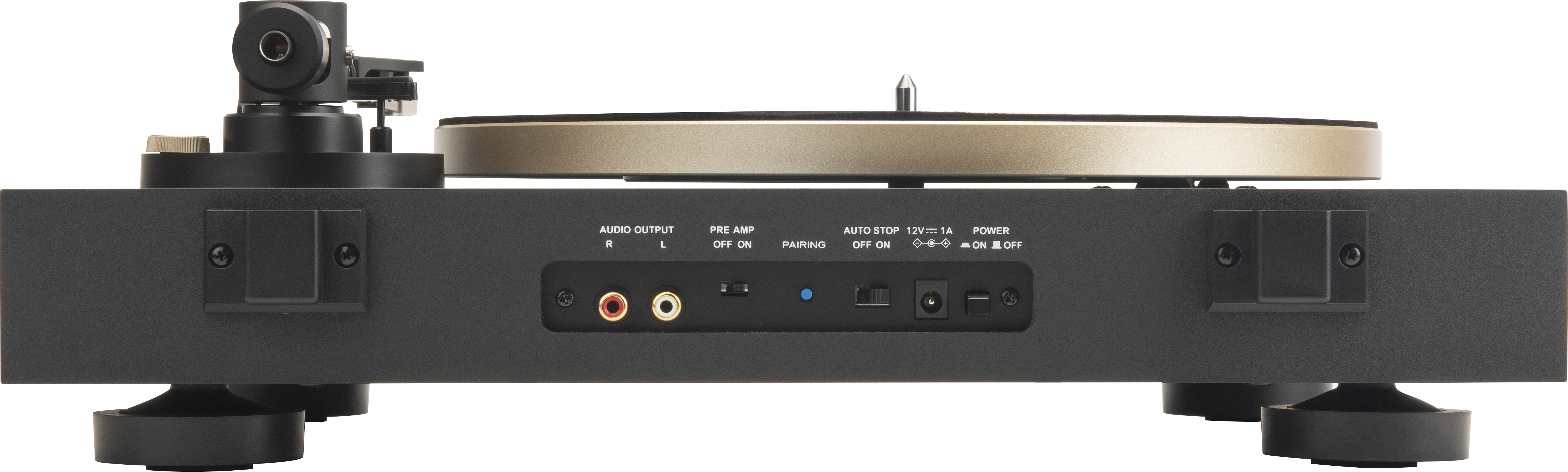 Vue arrière de la platine : Audio, préampli, arrêt auto, appairage, alimentation.