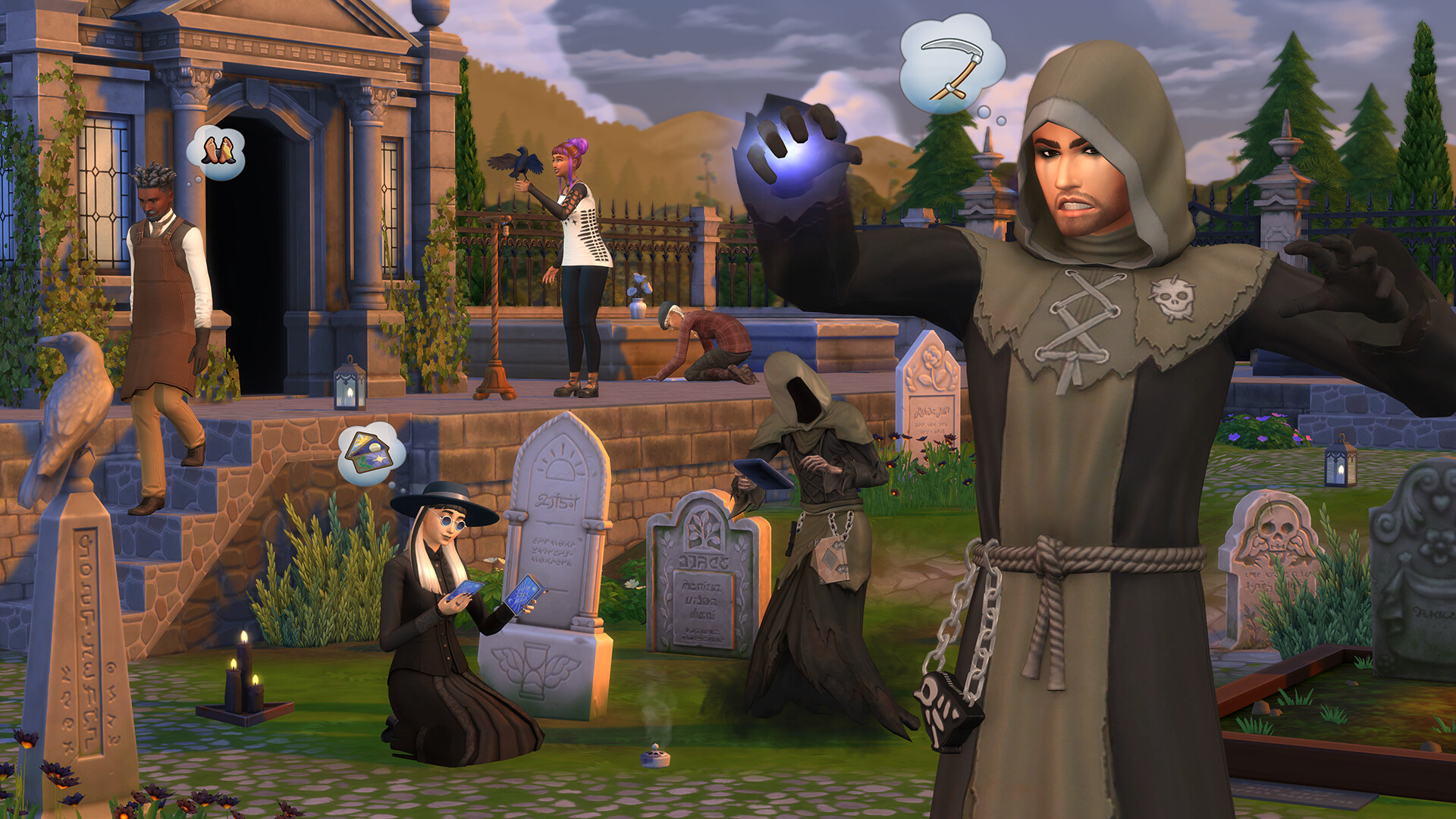Sims-Charaktere auf einem Friedhof. Eine Figur wirkt einen Zauber.