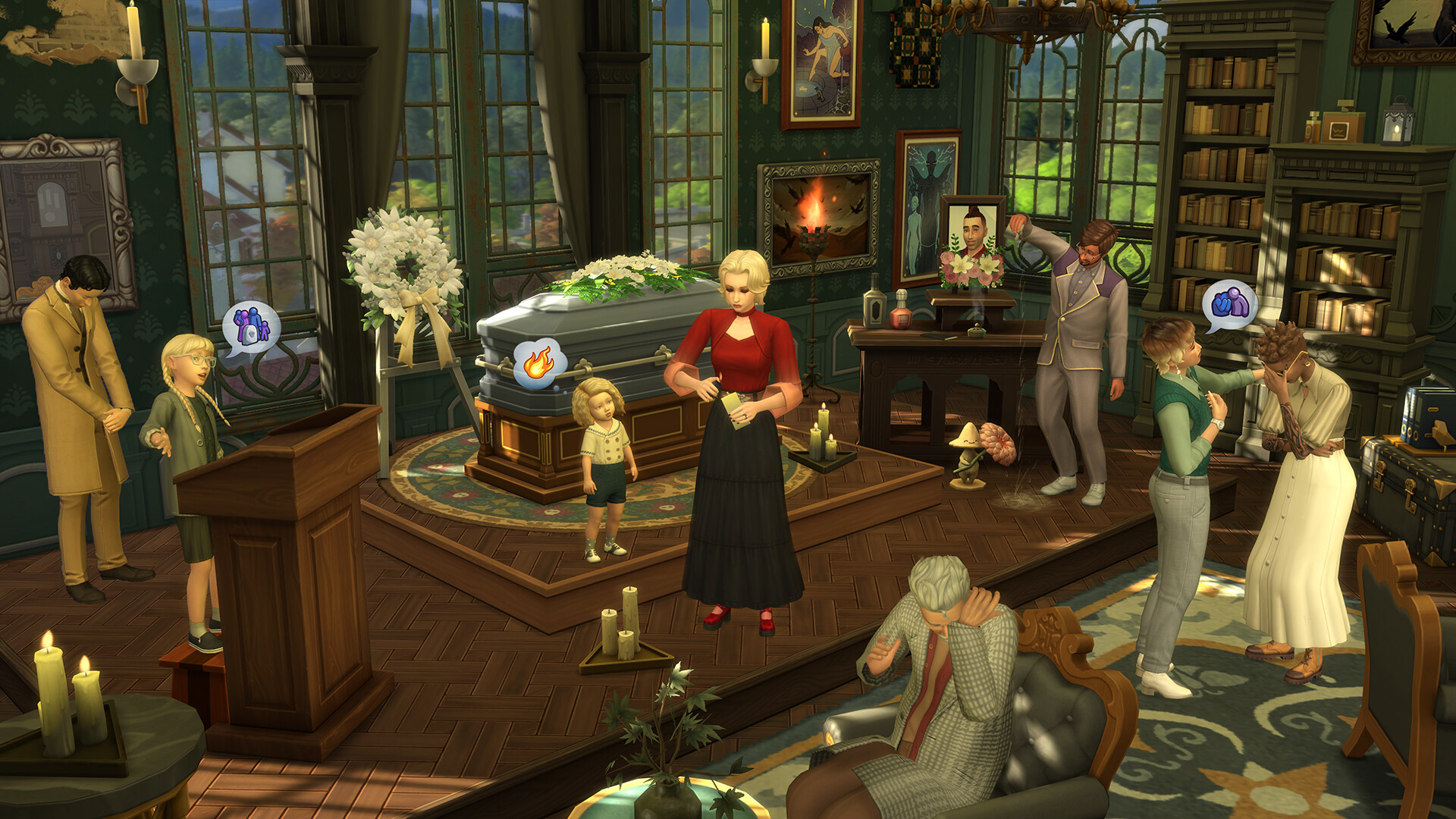 Sims 4 Szene: Beerdigung, mit Charakteren in einer kirchenähnlichen Umgebung und einem Sarg.