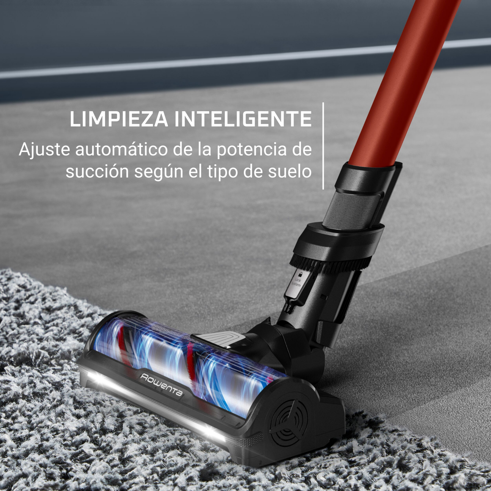 Cabezal de aspiradora limpiando alfombra. Diseño rojo y negro. Texto: Limpieza inteligente.