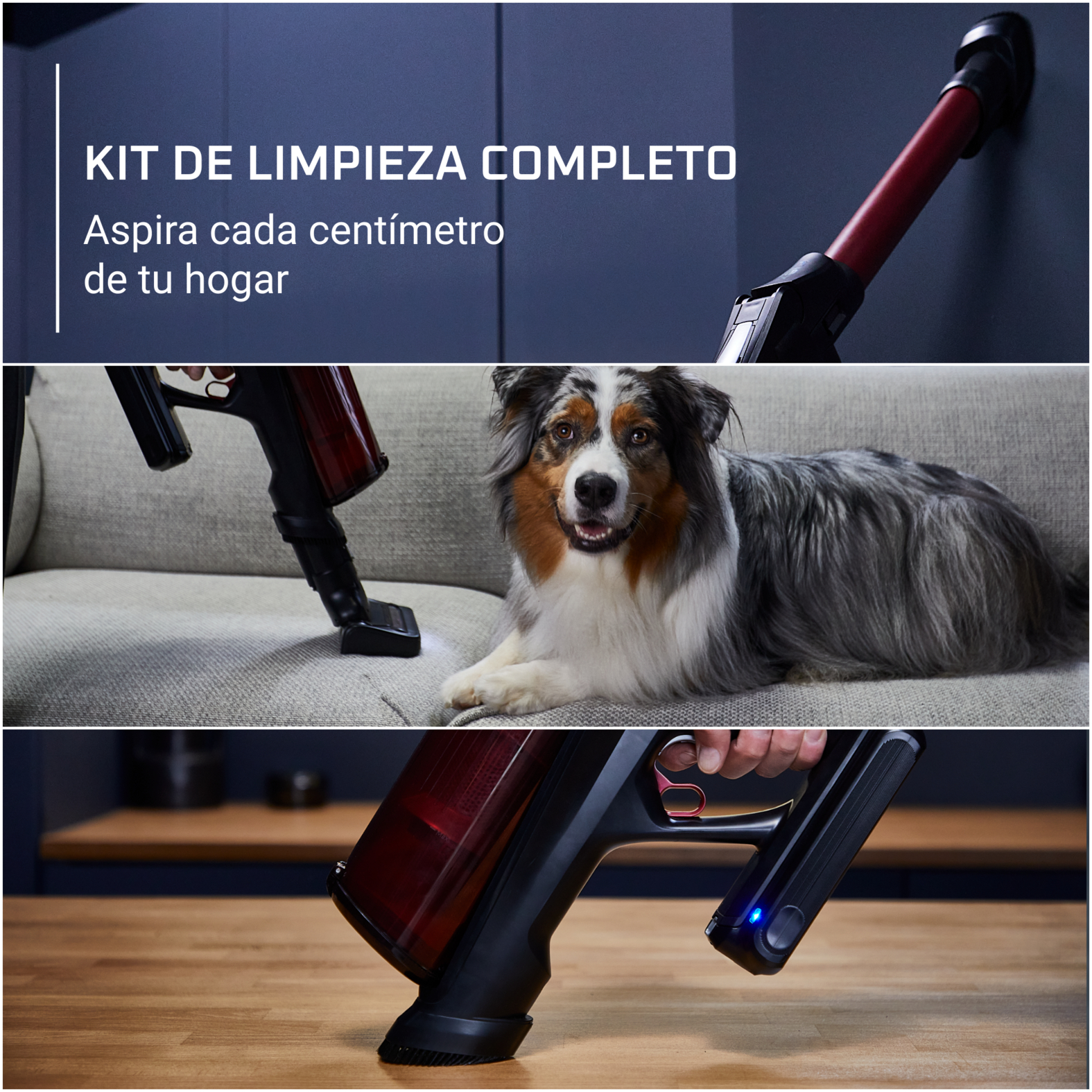 Kit de aspiradora: Limpiador, perro en sofá, mano sosteniendo limpiador.
