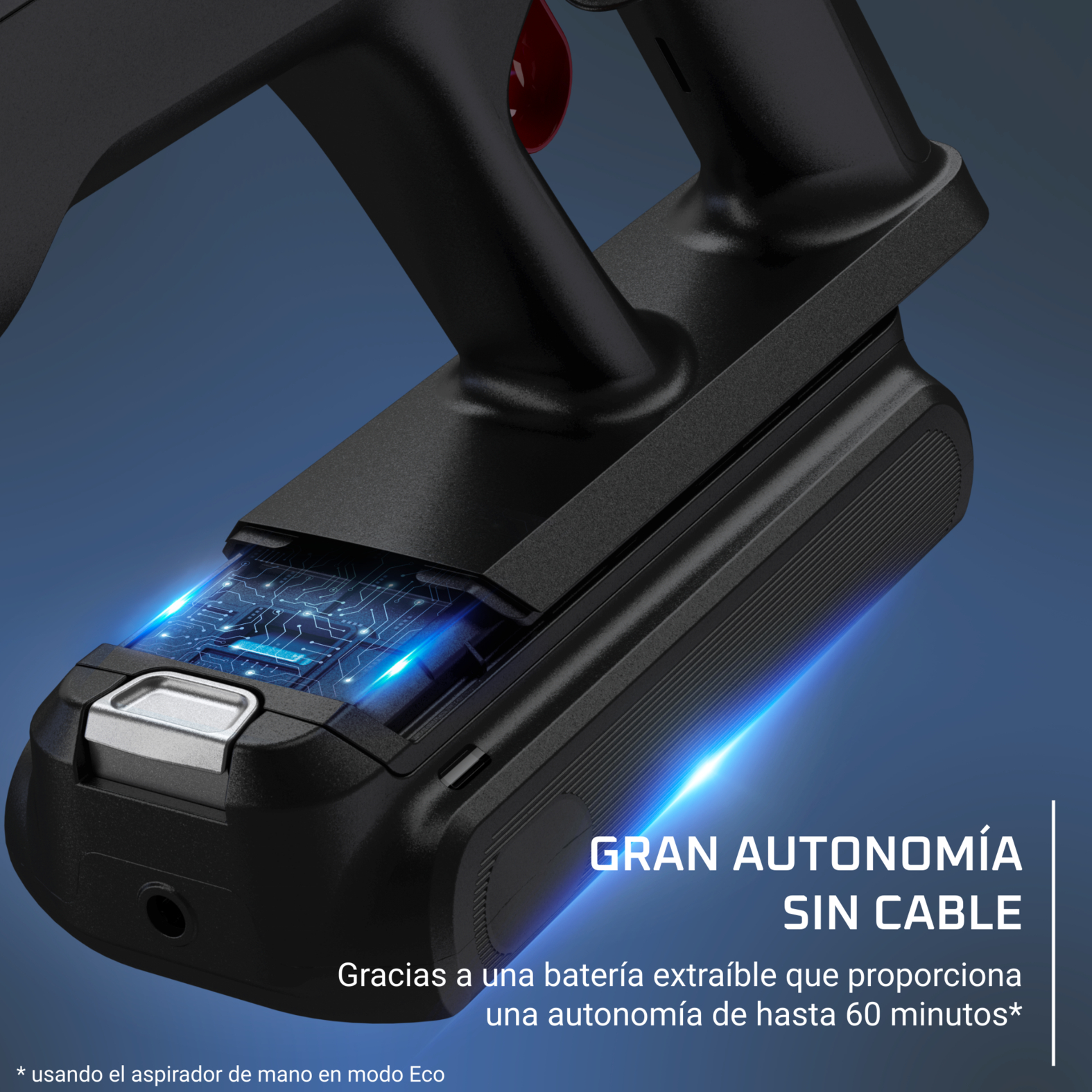 Aspiradora de mano negra con pantalla de luz azul y texto en español: Gran autonomía sin cable.