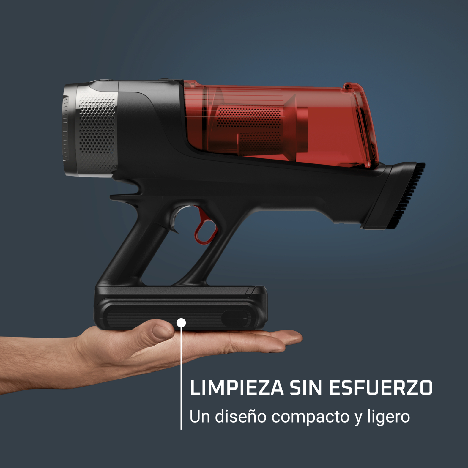 Aspiradora inalámbrica negra y roja sostenida con la mano, con texto debajo.