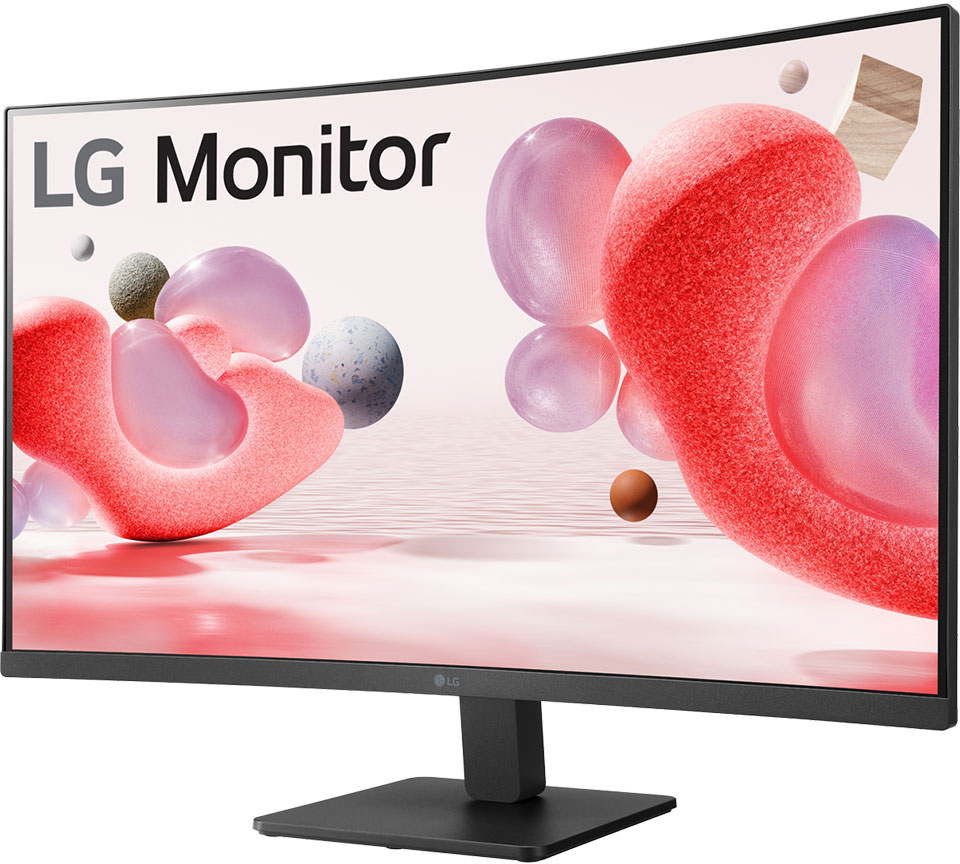 Ívelt LG monitor, rózsaszín és piros absztrakt formákkal, fehér háttérrel.