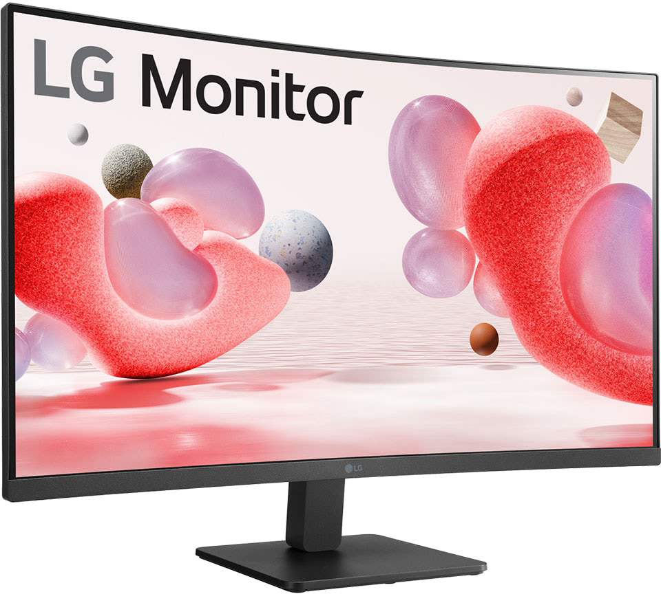 Egy ívelt LG monitor, amely rózsaszín és barna absztrakt formákat jelenít meg fehér és piros háttéren.