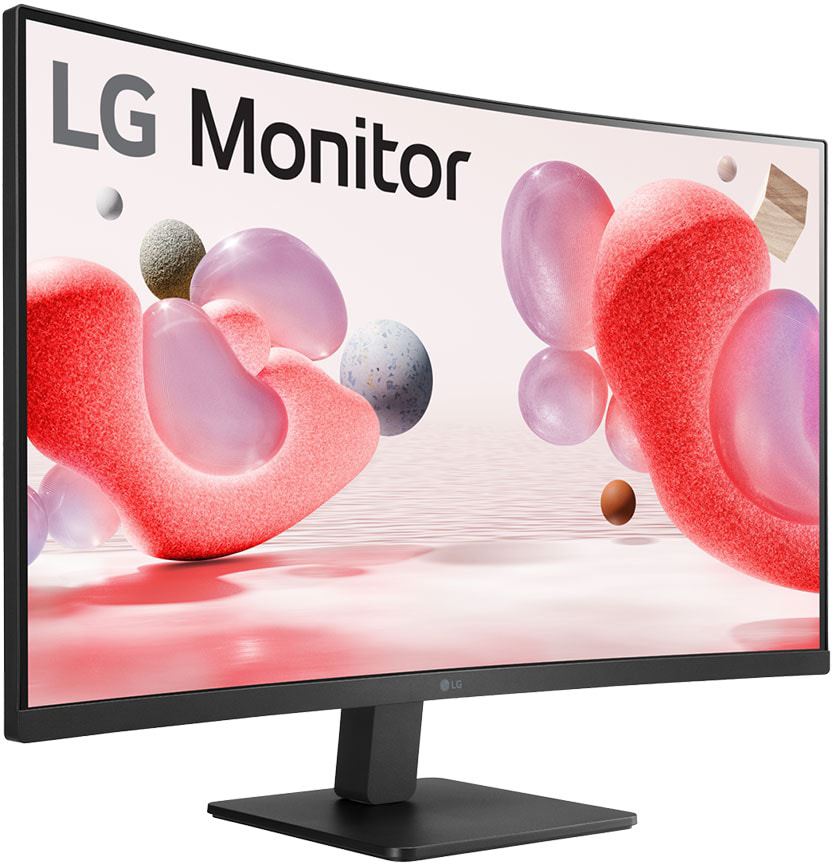 Ívelt képernyős LG monitor, rózsaszín és fehér absztrakt formákkal, fekete állványon.