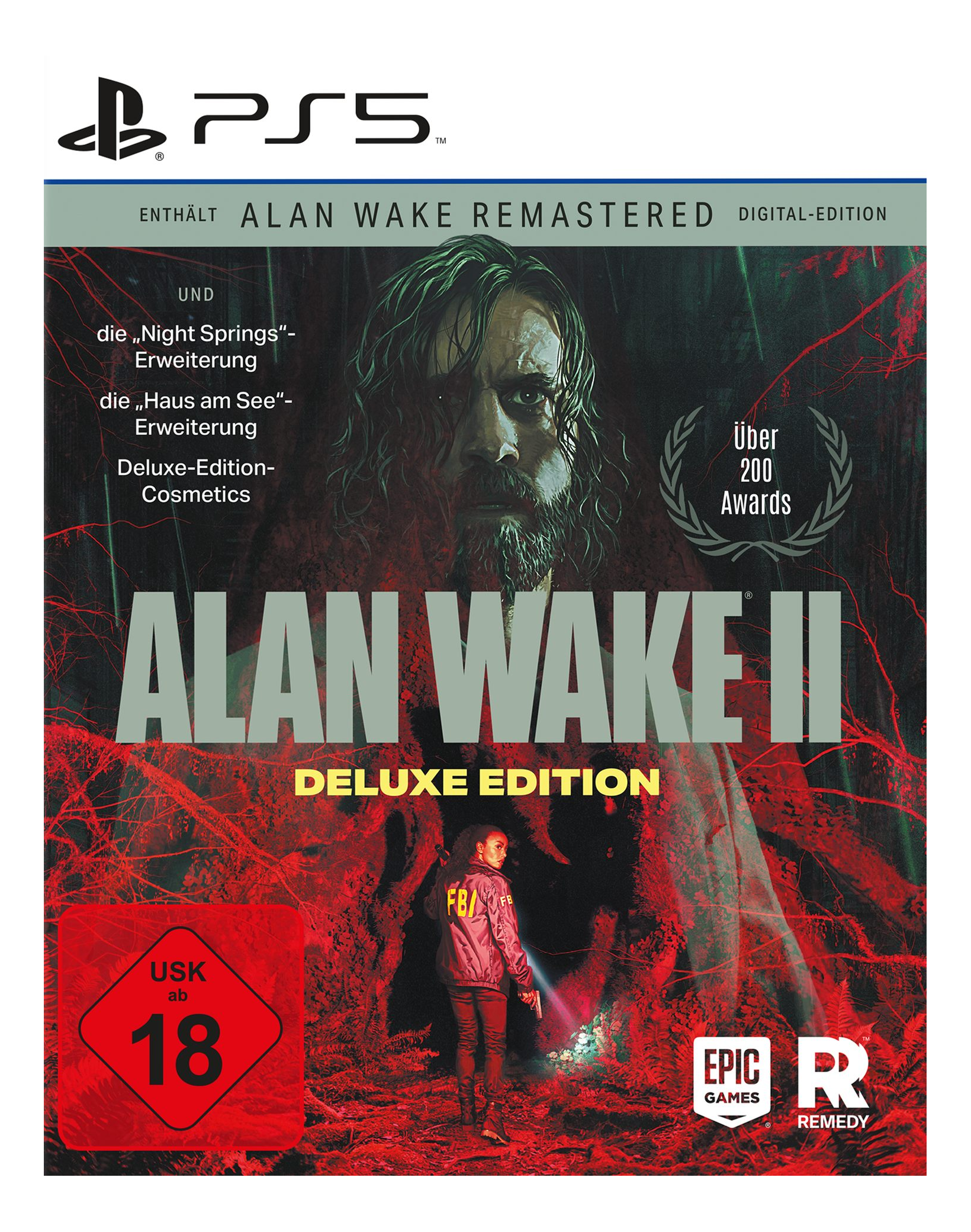 Boîte du jeu 'Alan Wake II', montrant un homme, une femme et une forêt rouge. Logo PS5 en haut.