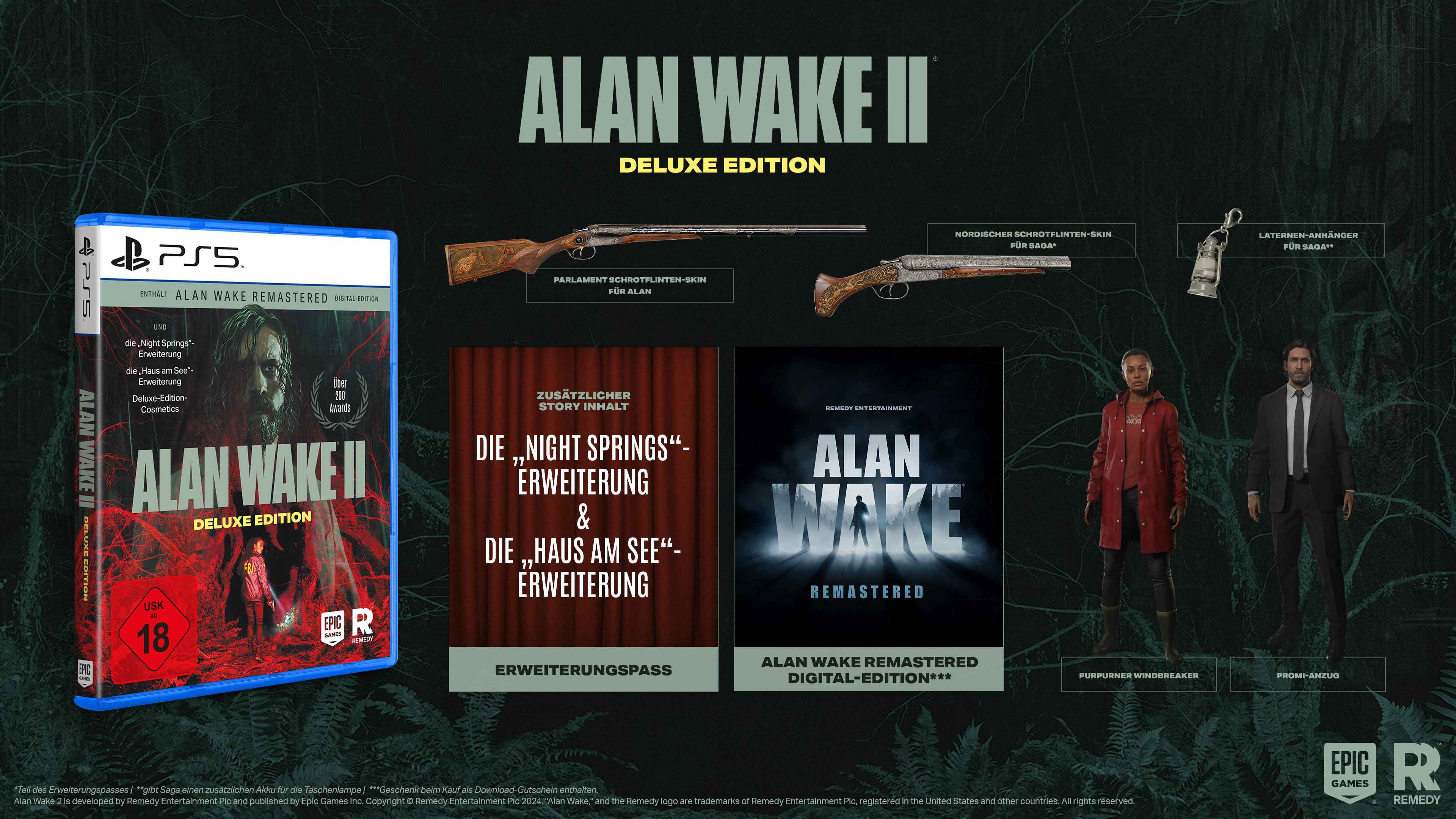Boîte de jeu Alan Wake 2 Deluxe Edition avec des éléments de jeu.