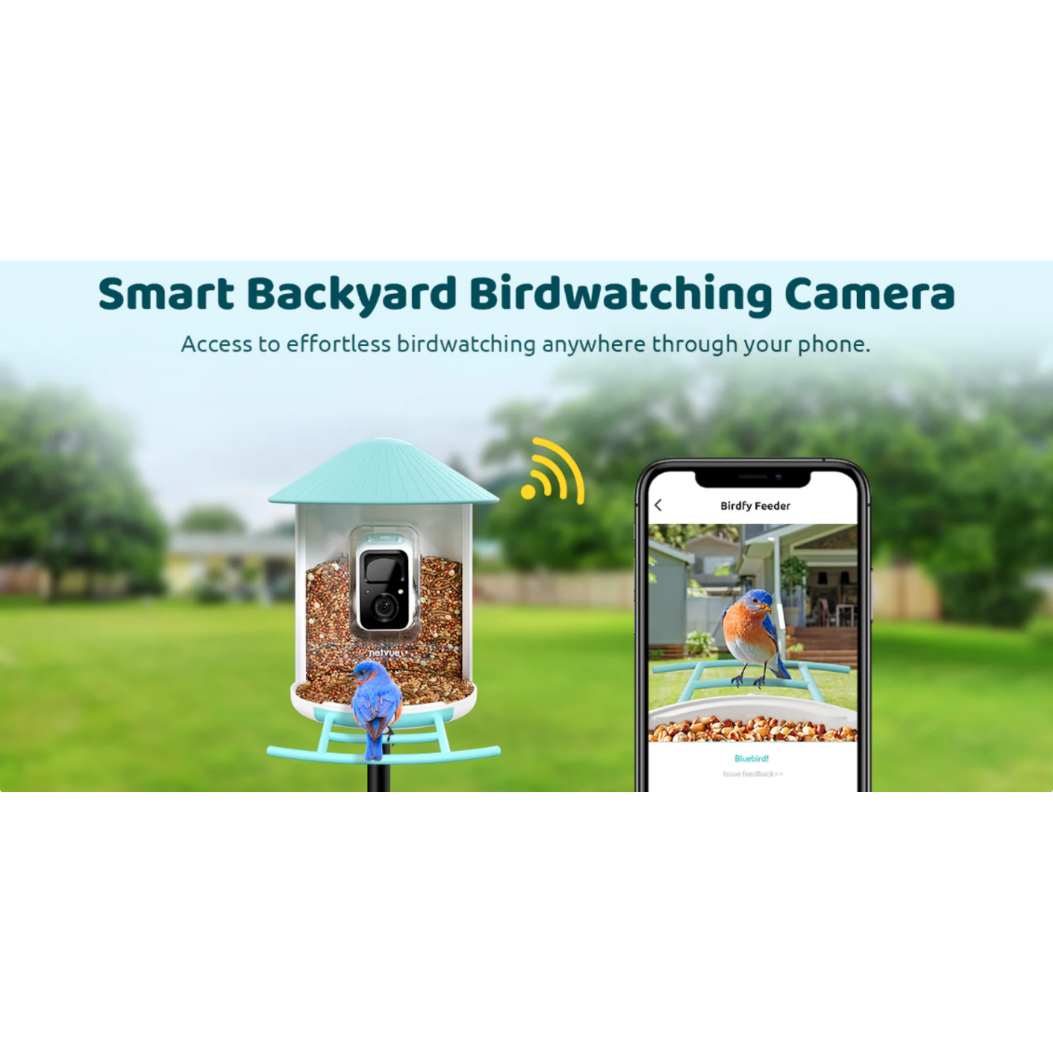 Slimme vogelcamera met een voederhuisje en een smartphone met een blauwborst.