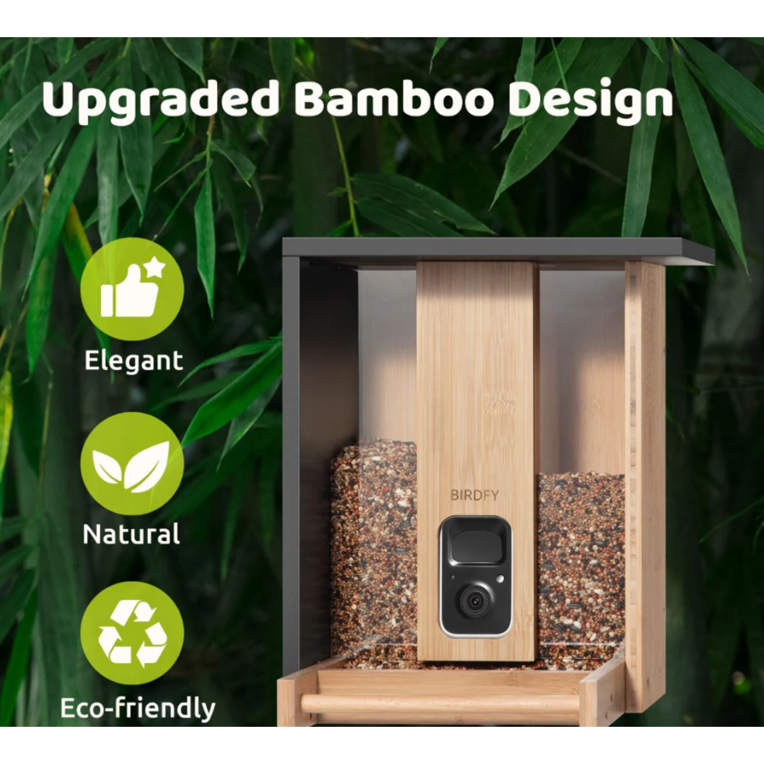 Een vogelvoerder van bamboe met een camera erin, met tekst over het ontwerp.