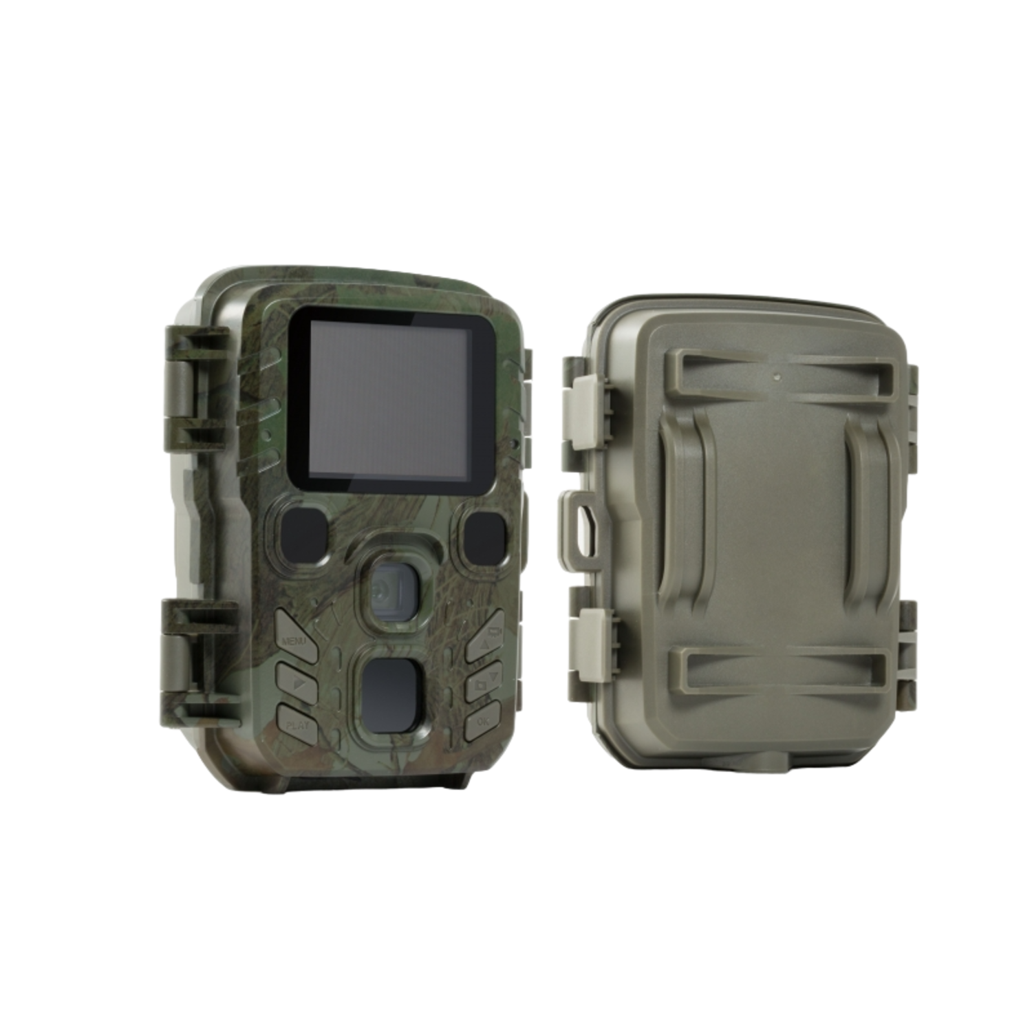 Camouflage wildcamera met LCD-scherm en aparte behuizing.
