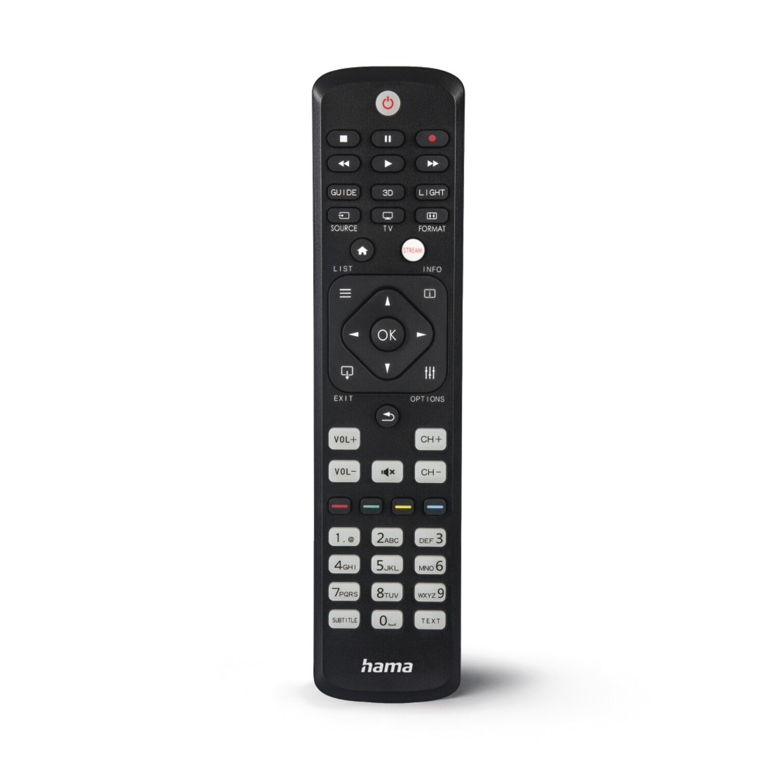 Télécommande noire avec de nombreux boutons.